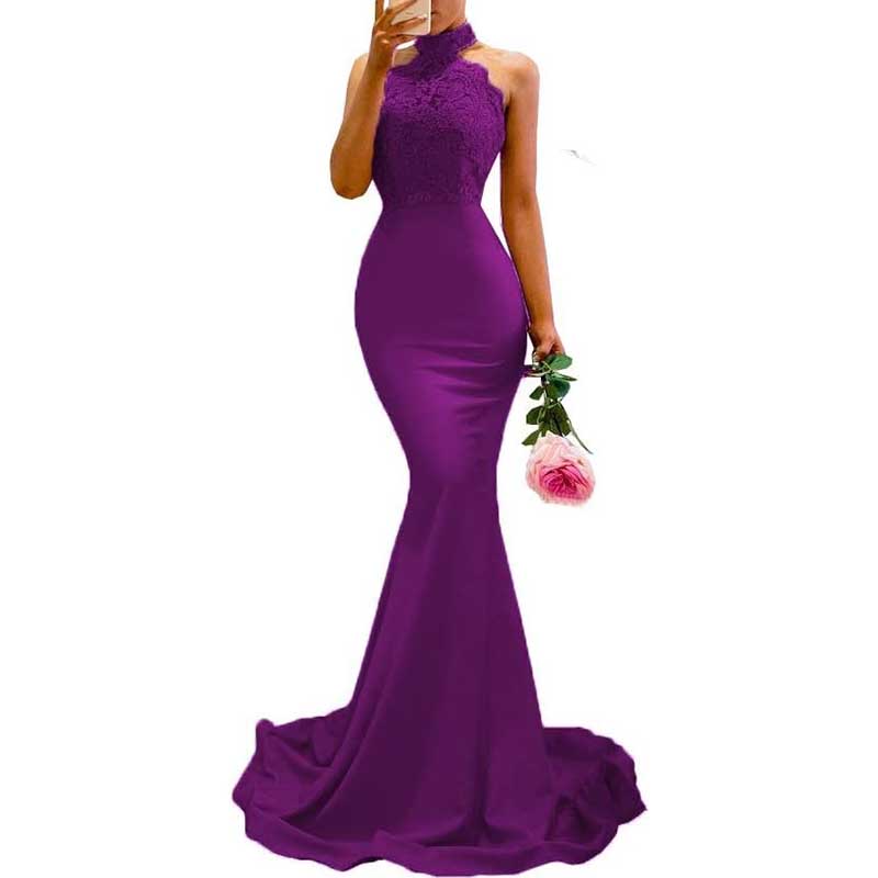 Halter-Neck Mermaid Bridesmaid Dress Satin Porm Dress Ball Gown
