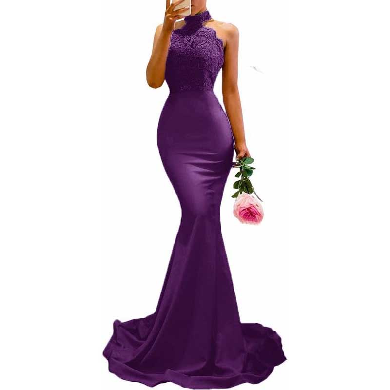 Halter-Neck Mermaid Bridesmaid Dress Satin Porm Dress Ball Gown