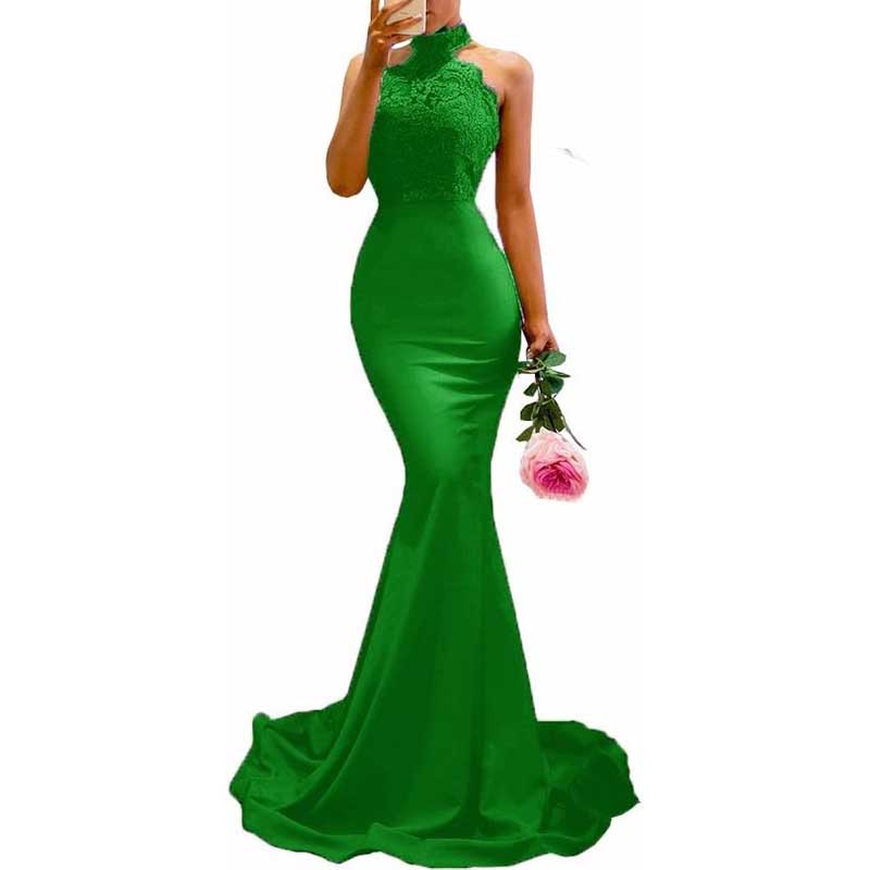Halter-Neck Mermaid Bridesmaid Dress Satin Porm Dress Ball Gown