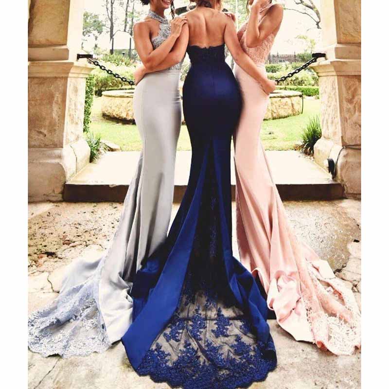 Halter-Neck Mermaid Bridesmaid Dress Satin Porm Dress Ball Gown