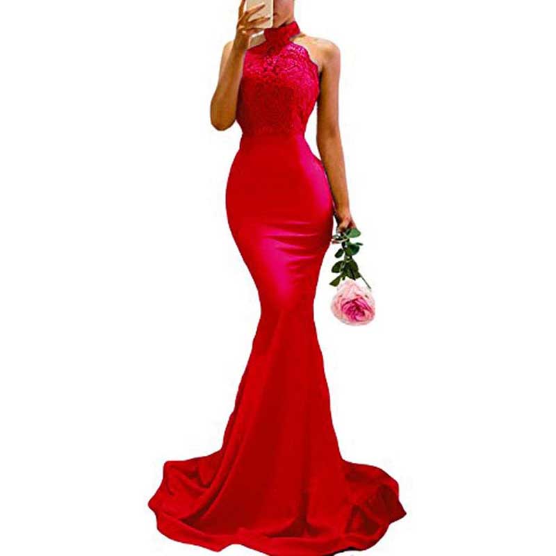 Halter-Neck Mermaid Bridesmaid Dress Satin Porm Dress Ball Gown