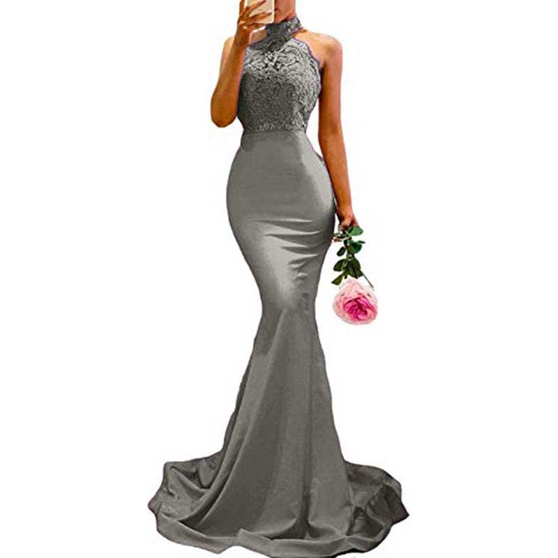 Halter-Neck Mermaid Bridesmaid Dress Satin Porm Dress Ball Gown