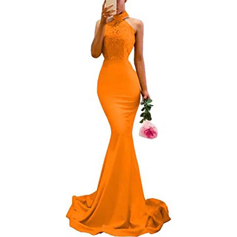 Halter-Neck Mermaid Bridesmaid Dress Satin Porm Dress Ball Gown