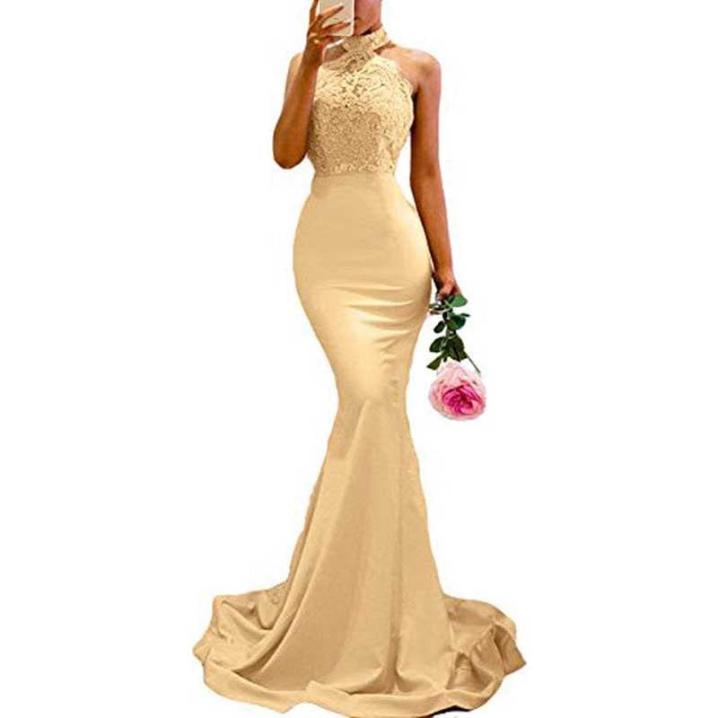 Halter-Neck Mermaid Bridesmaid Dress Satin Porm Dress Ball Gown