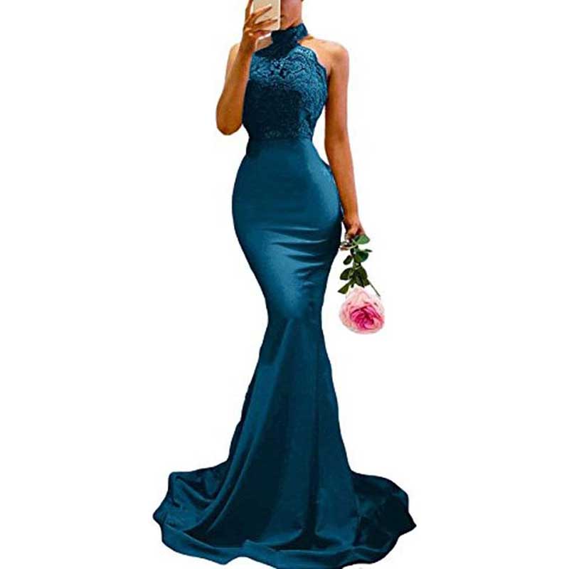 Halter-Neck Mermaid Bridesmaid Dress Satin Porm Dress Ball Gown