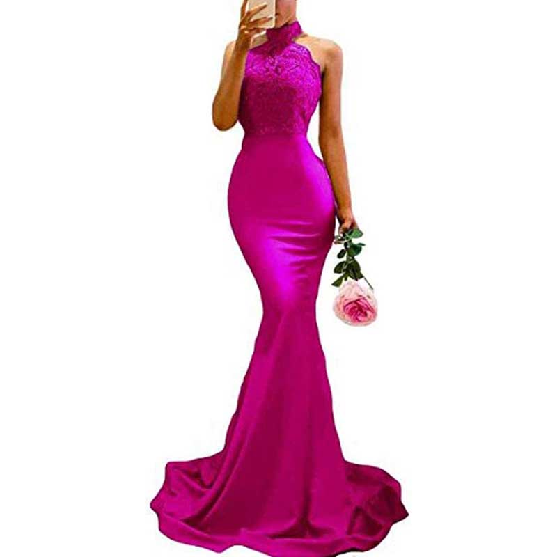 Halter-Neck Mermaid Bridesmaid Dress Satin Porm Dress Ball Gown