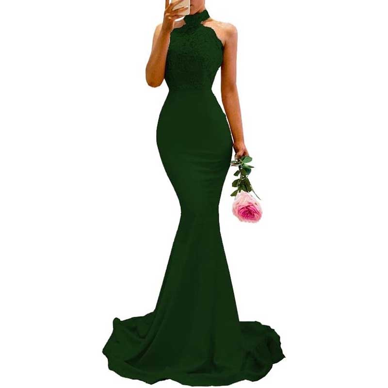 Halter-Neck Mermaid Bridesmaid Dress Satin Porm Dress Ball Gown