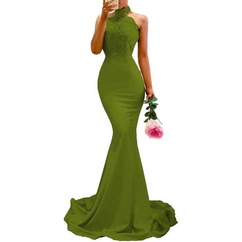 Halter-Neck Mermaid Bridesmaid Dress Satin Porm Dress Ball Gown