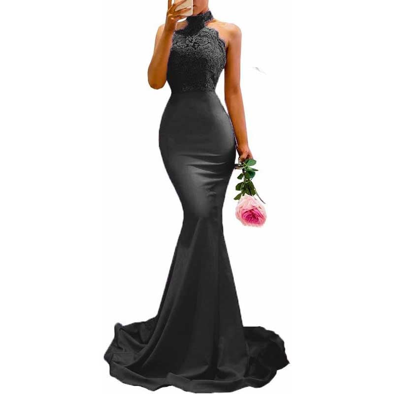 Halter-Neck Mermaid Bridesmaid Dress Satin Porm Dress Ball Gown