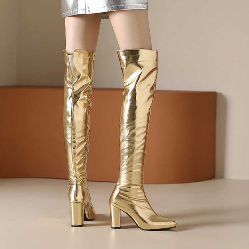 Metallic over the knee boots women in shiny gold with block heels and a sleek fit