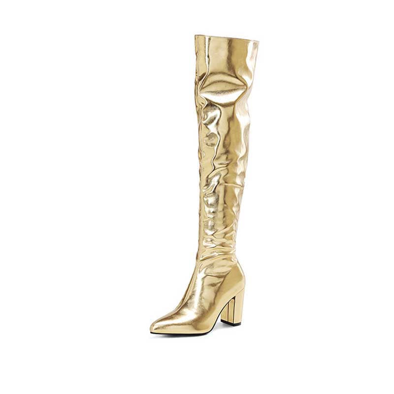 Metallic over the knee boots women in shiny gold with block heels and pointed toes