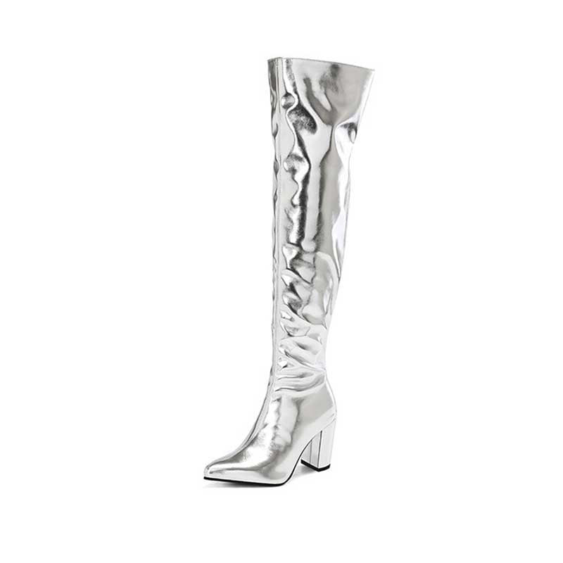 Metallic over the knee boots women in shiny silver with block heel and pointed toe