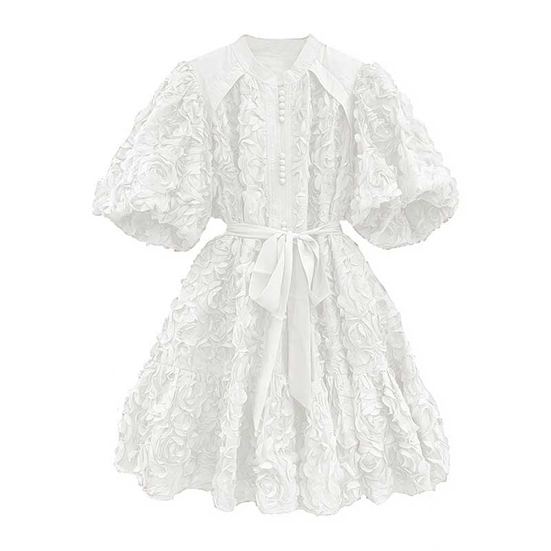 Puff Sleeve Flower Embellished Lace-Up Mini Dress