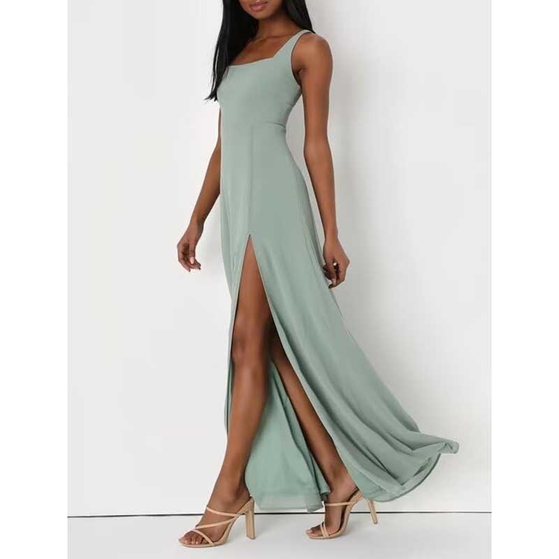 Chiffon bridesmaid dress with high split in light green worn with beige heels