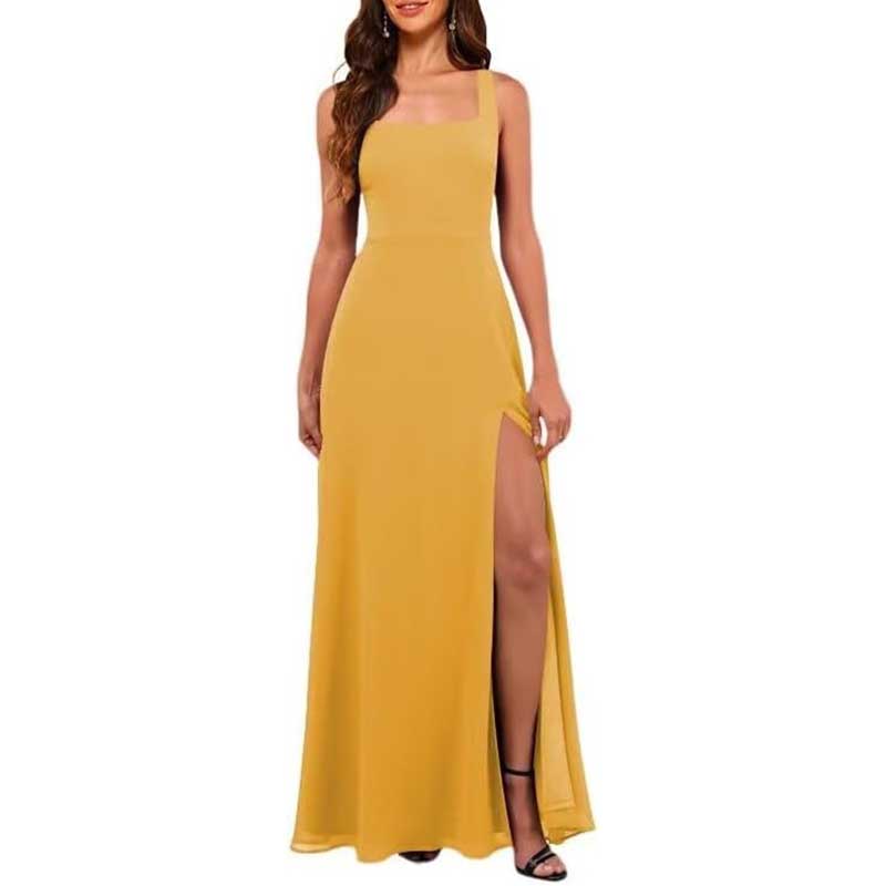 Yellow chiffon bridesmaid dress with high split featuring a sleeveless square neckline and floor-length design
