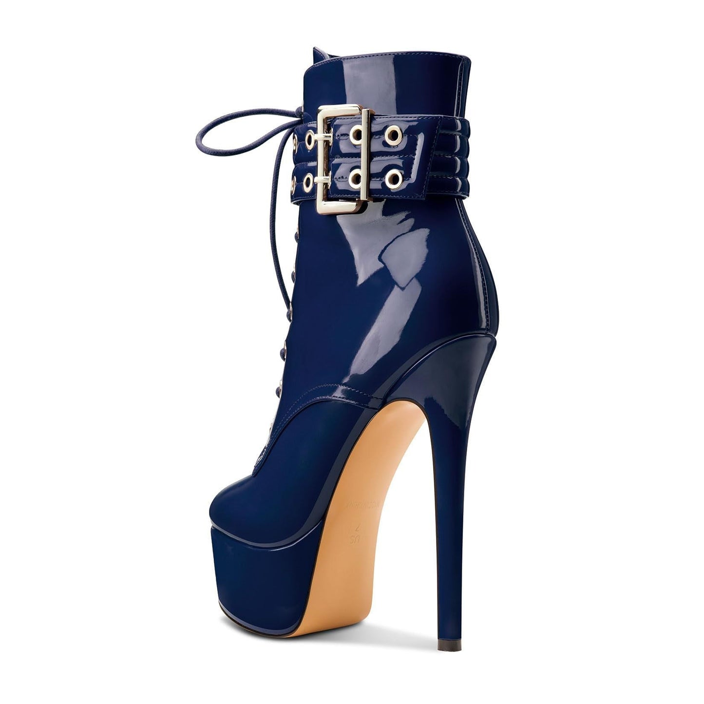 Shiny navy blue platform ankle boots with high stiletto heel and decorative buckle