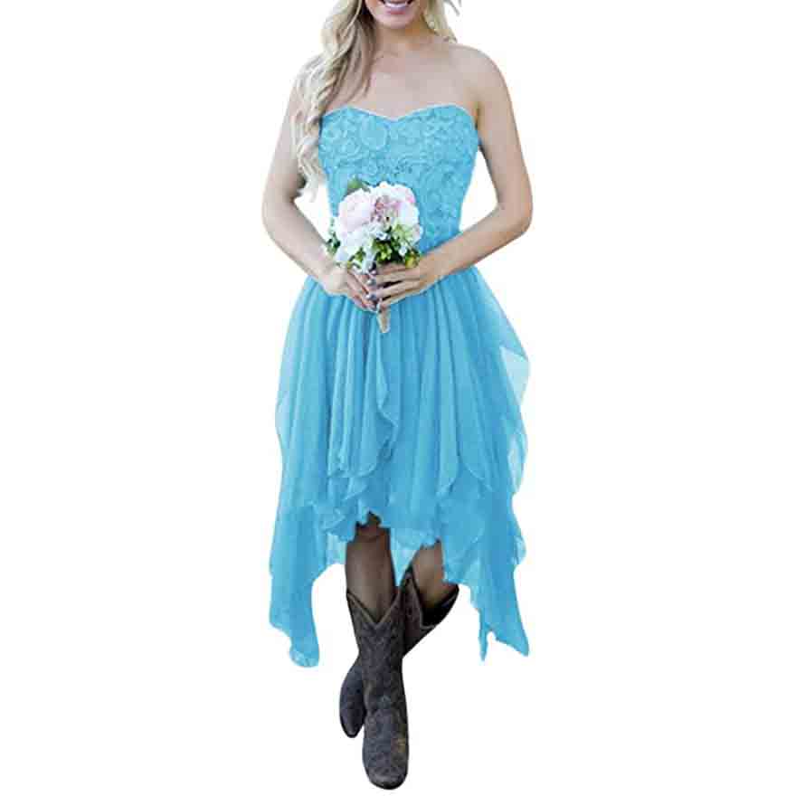 Country High Low Bridesmaid Dress Chiffon Lace Wedding Guest Outfit