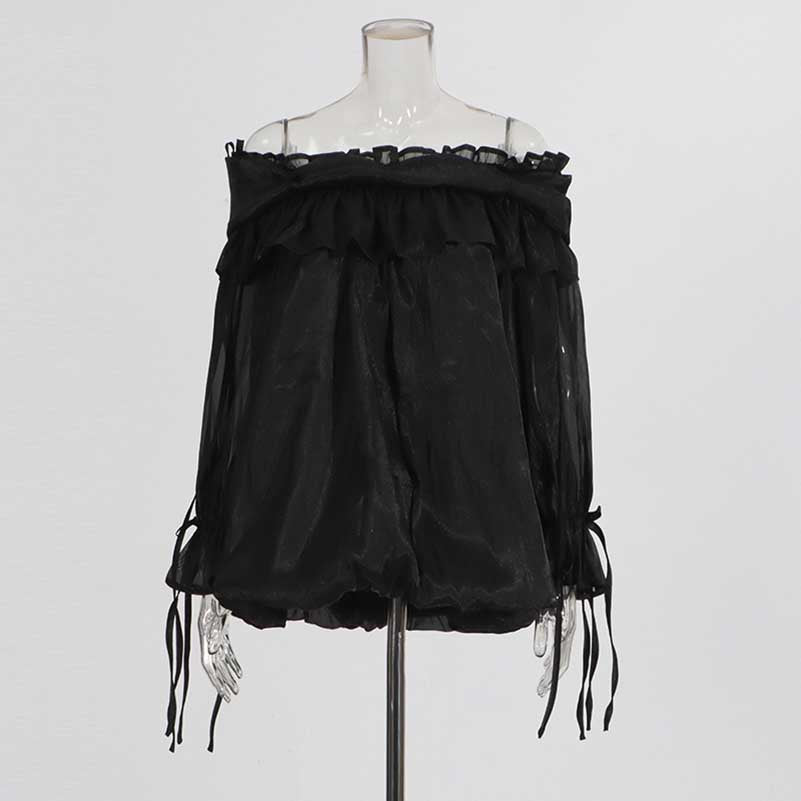 Long Ruffle Sleeves Lace-Up Tulle Shirt Formal Top