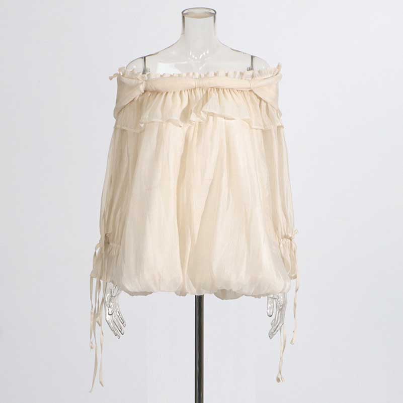Long Ruffle Sleeves Lace-Up Tulle Shirt Formal Top