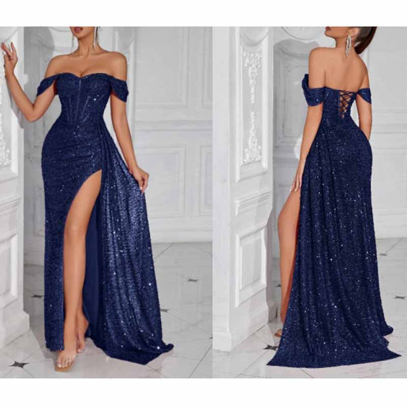 Off Shoulder Long Evening Dress Ruch Sequin High Split Prom Dresses