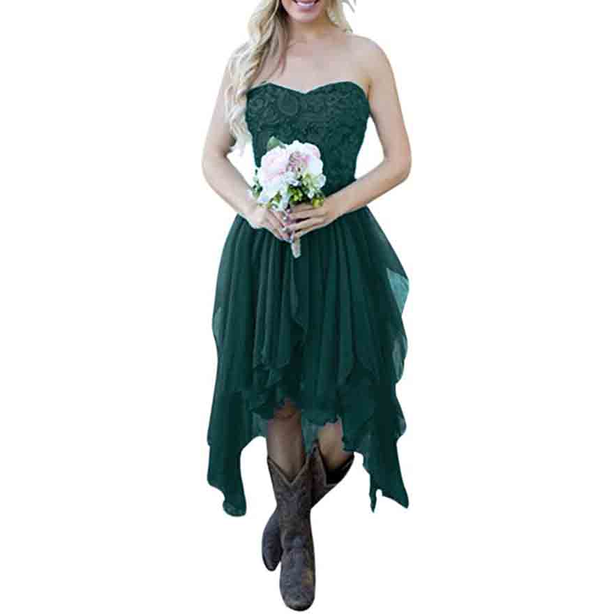 Country High Low Bridesmaid Dress Chiffon Lace Wedding Guest Outfit