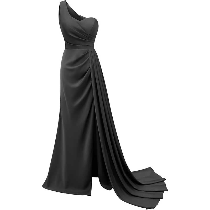 Elegant black one shoulder bridesmaid dress with draped skirt and fitted waist for formal occasions