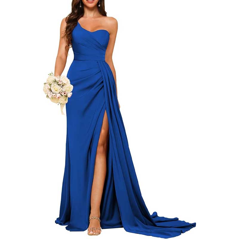 Elegant royal blue one shoulder bridesmaid dress with a thigh slit and flowing train