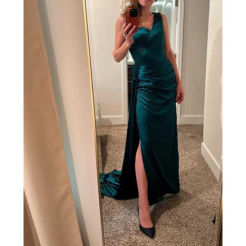 Elegant dark green one shoulder bridesmaid dress with ruched detailing and thigh slit