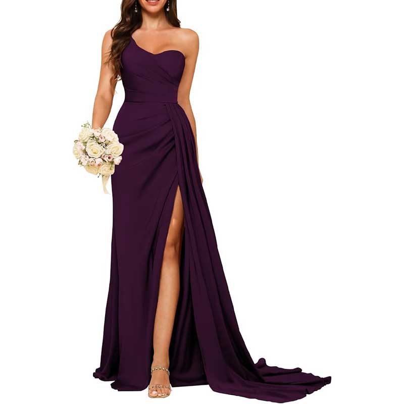 Elegant purple one shoulder bridesmaid dress with thigh-high slit and flowing train