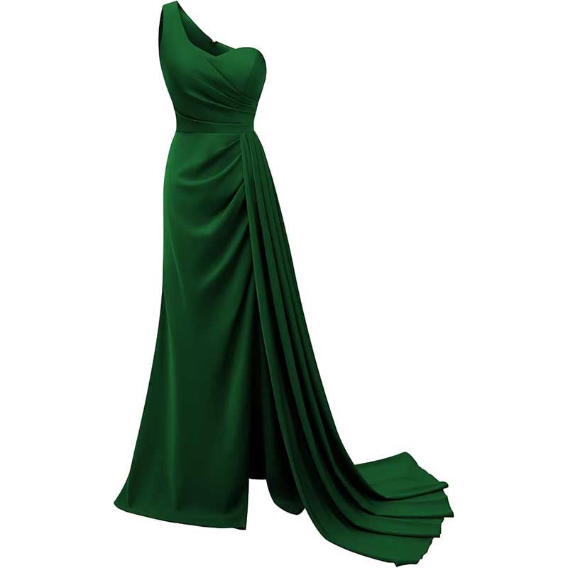 Elegant green one shoulder bridesmaid dress with draped details and floor-length design