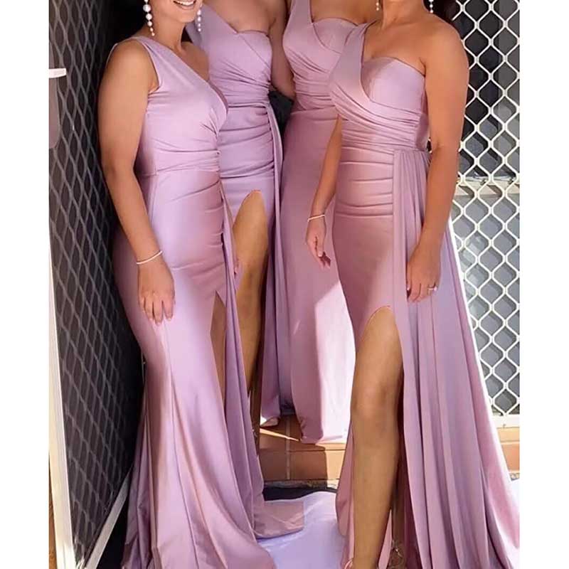 Lilac one shoulder bridesmaid dress styled in satin fabric with thigh-high slit and draped design