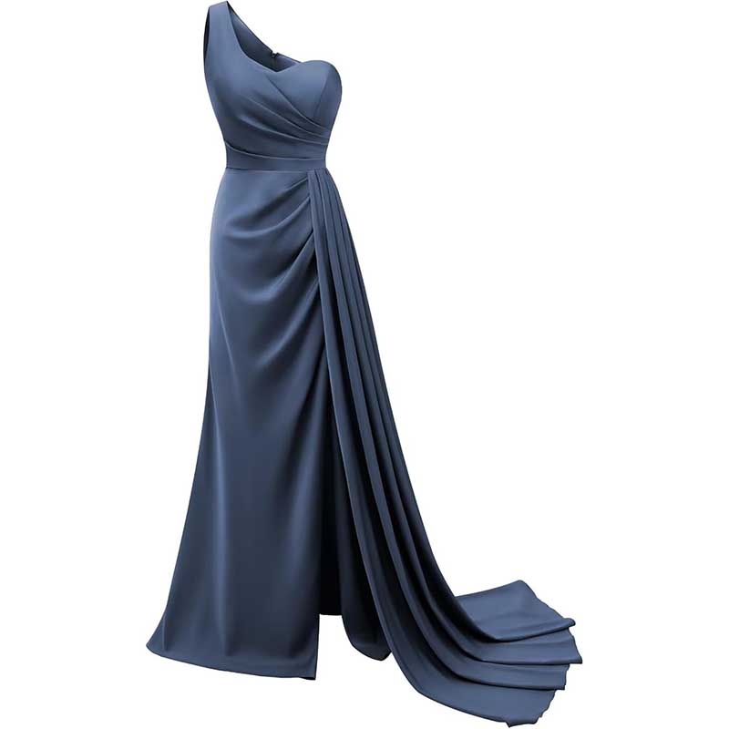 Elegant navy blue prom dress featuring a one shoulder bridesmaid dress design with draped fabric and long train
