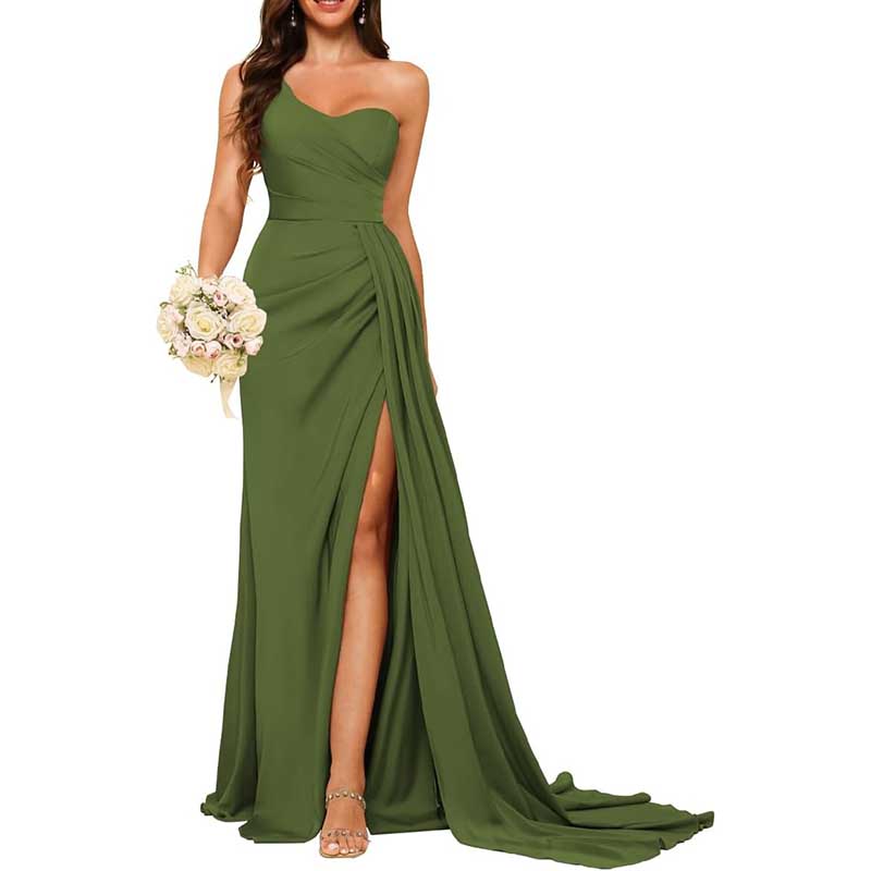 Elegant olive green one shoulder bridesmaid dress with thigh slit and flowing train
