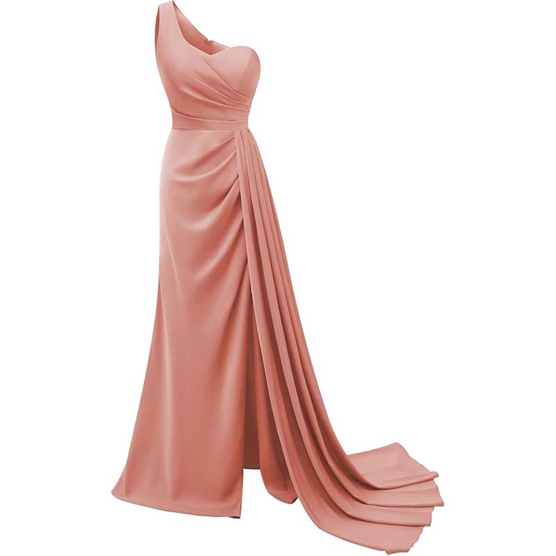 Elegant pink one shoulder bridesmaid dress with draped detail and floor-length train