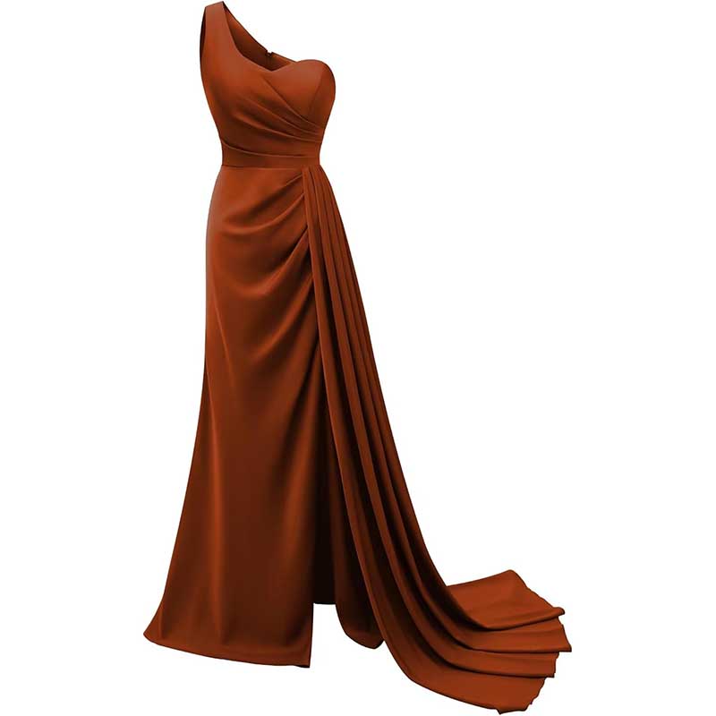 Elegant rust orange one shoulder bridesmaid dress with draped detailing and floor-length design