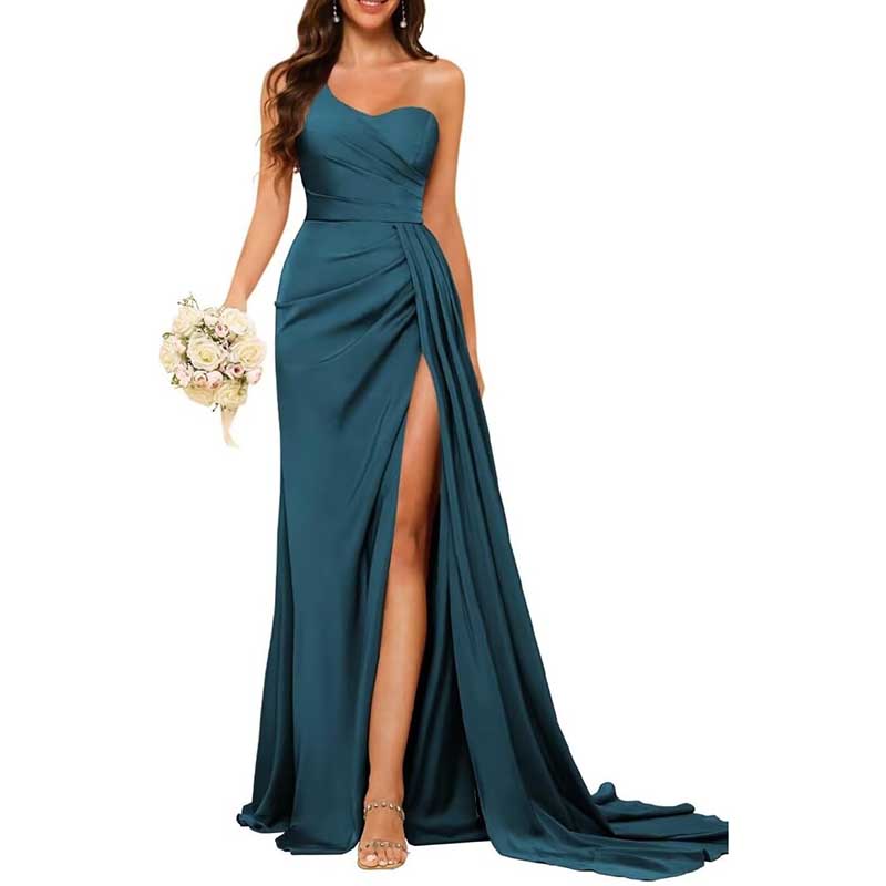 Elegant teal one shoulder bridesmaid dress with thigh-high slit and flowing train