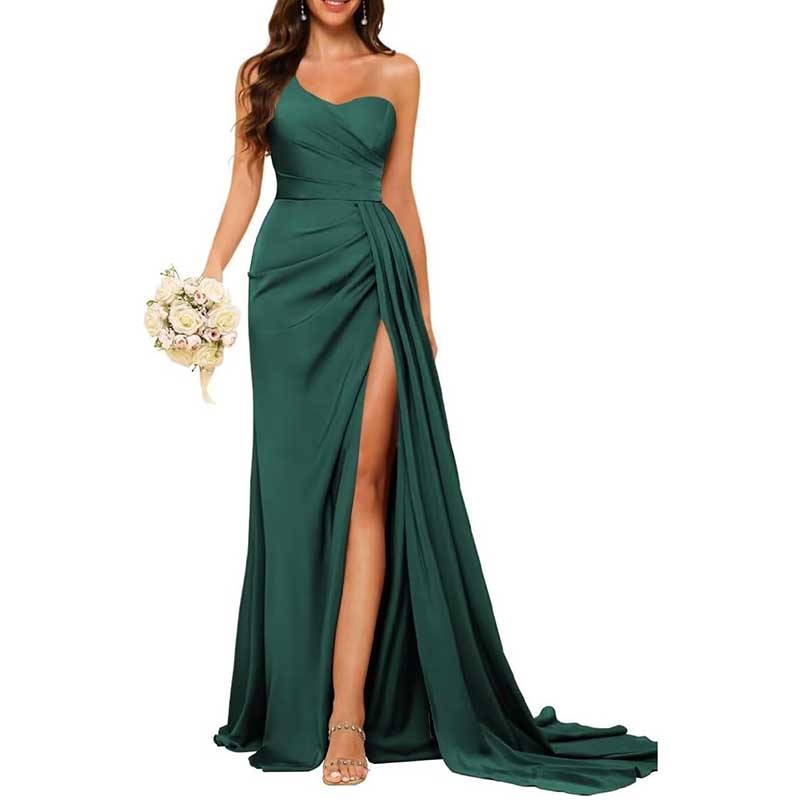 Elegant dark green one shoulder bridesmaid dress with side slit and flowing train