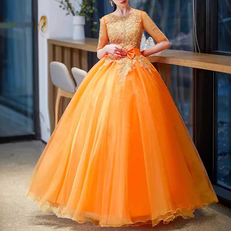 Orange Court Princess Evening Ball Gown Tulle Prom Dress