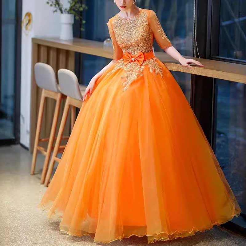 Orange Court Princess Evening Ball Gown Tulle Prom Dress
