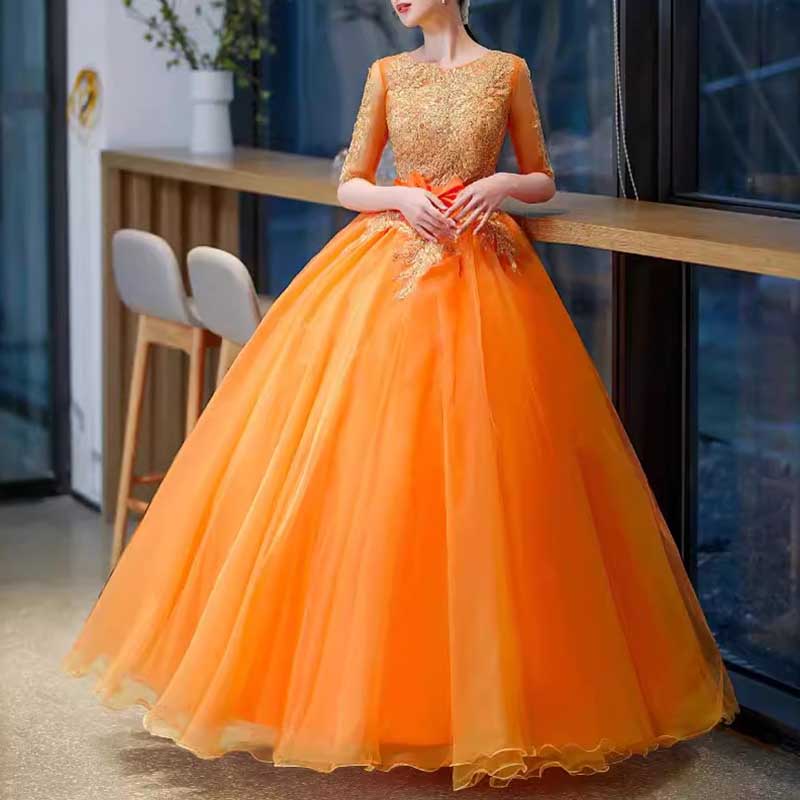 Orange Court Princess Evening Ball Gown Tulle Prom Dress