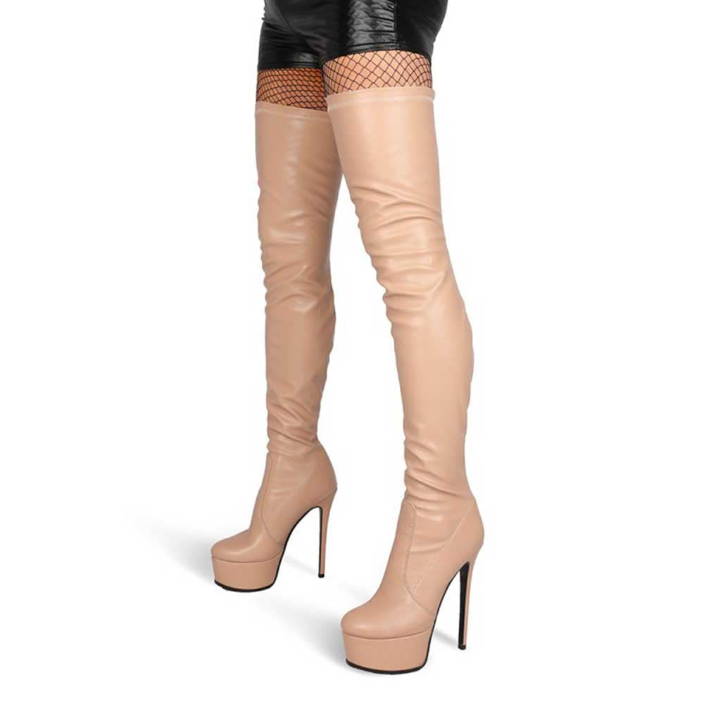Beige overknee stiletto boots for women with platform heels and sleek leather finish