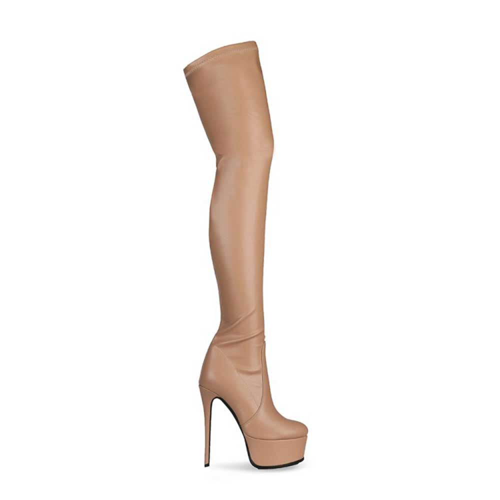 Nude leather overknee stiletto boots for women with platform sole and high heel