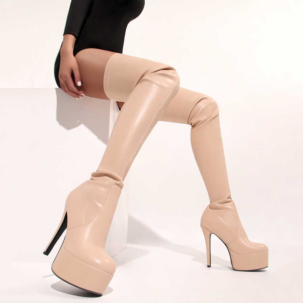 Beige overknee stiletto boots for women with high platform heels and sleek design