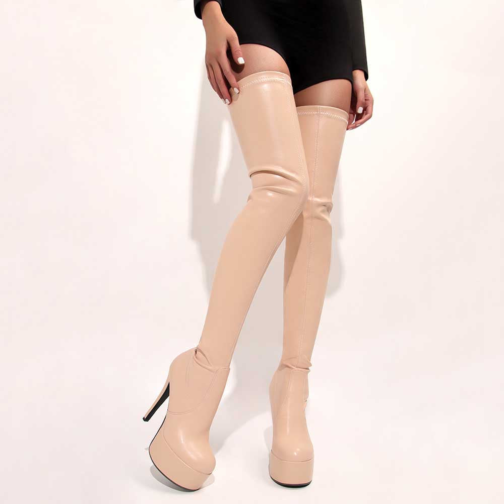 Beige overknee stiletto boots for women with high platform heels worn with a black dress