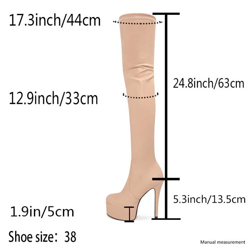 Beige overknee stiletto boots for women with platform heel and detailed measurements