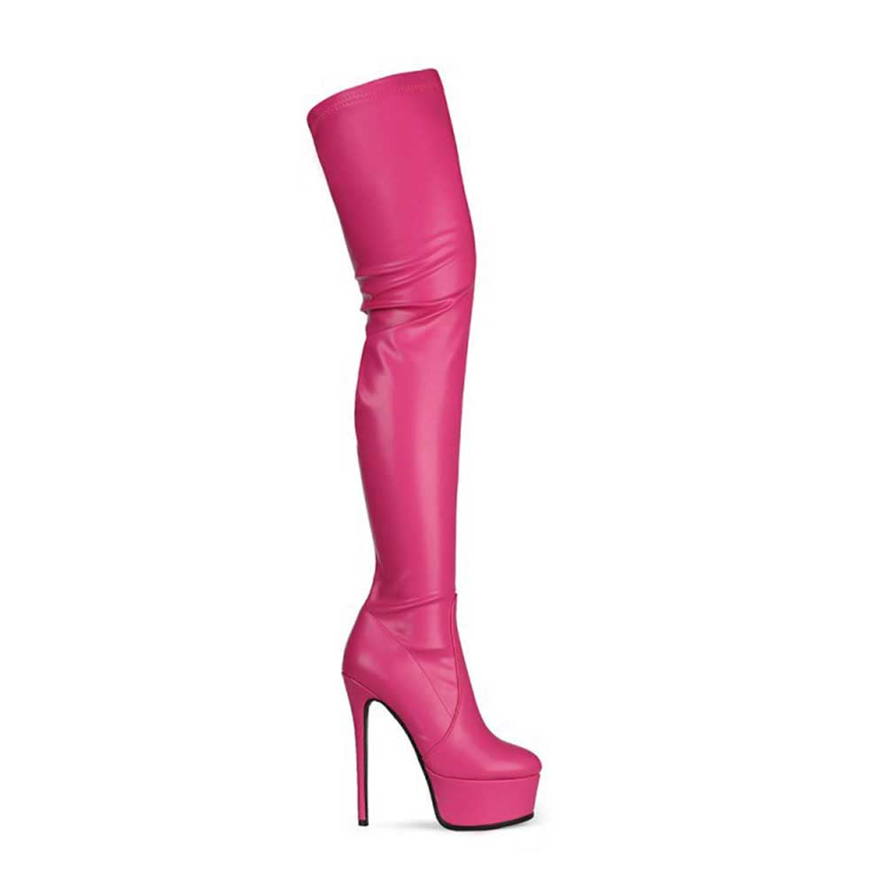 Pink overknee stiletto boots for women with platform sole and high heel design