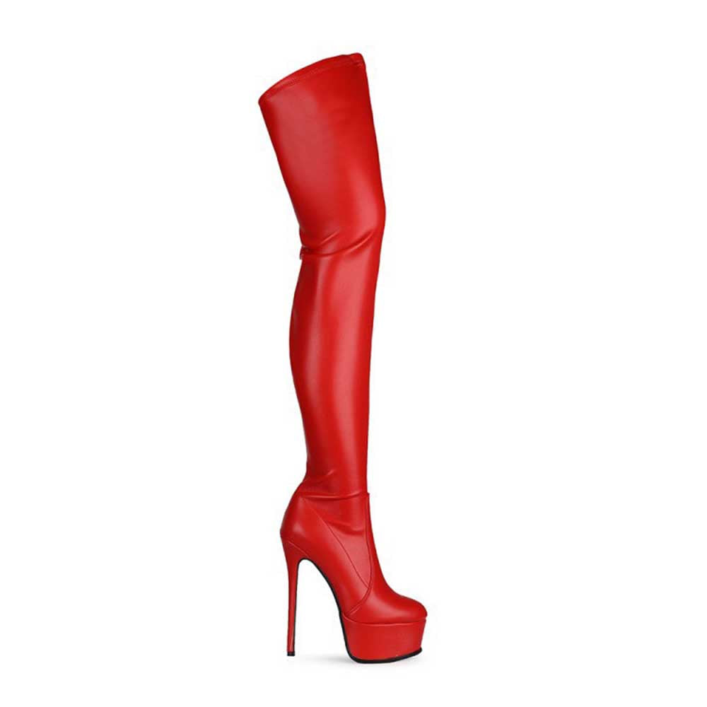 Red overknee stiletto boots for women with high platform heels and sleek design