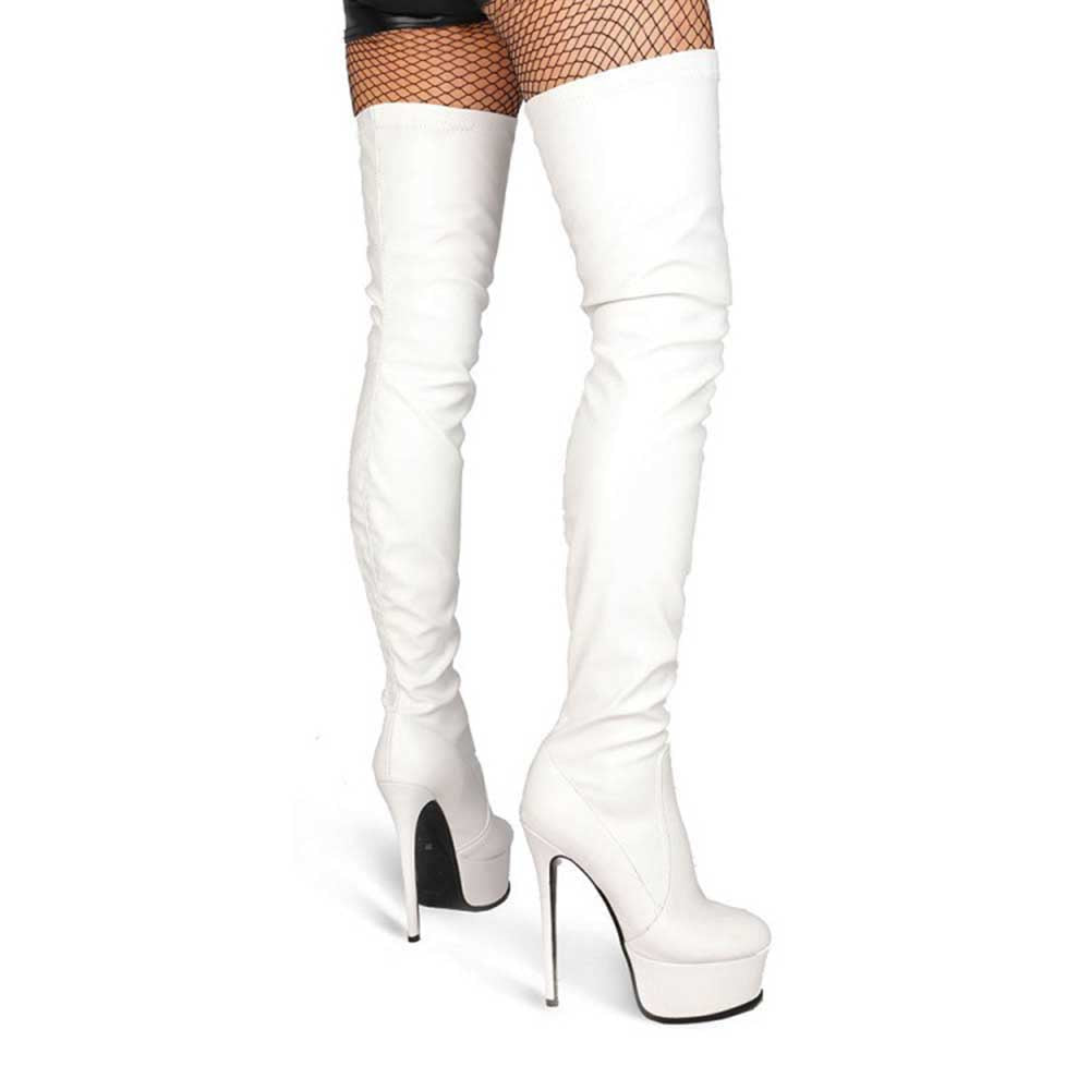 White overknee stiletto boots for women with high heels and platform soles
