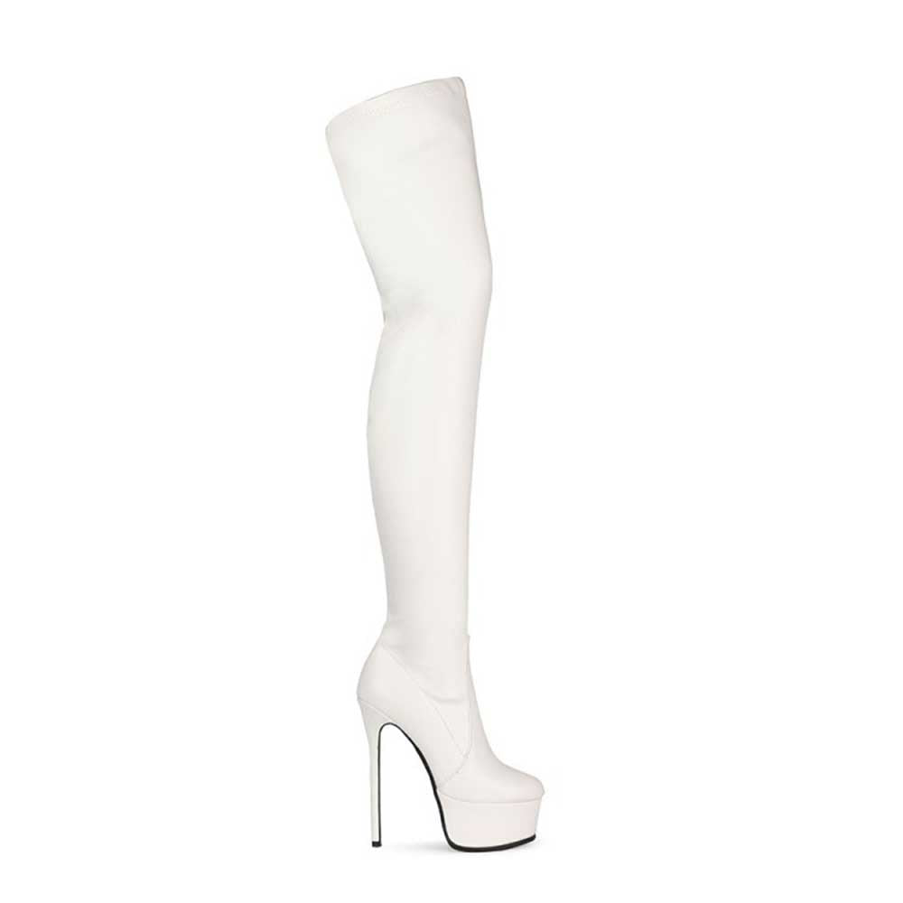 White over-knee stiletto boots for women with high platform heels and sleek design