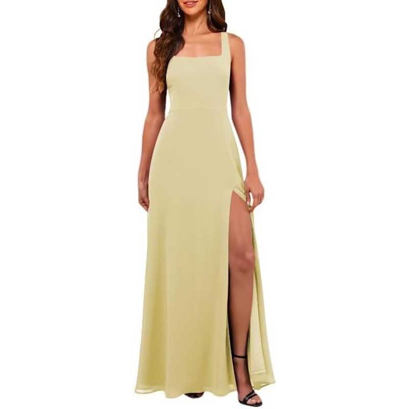 Elegant chiffon bridesmaid dress with high split sleeveless light yellow prom dress